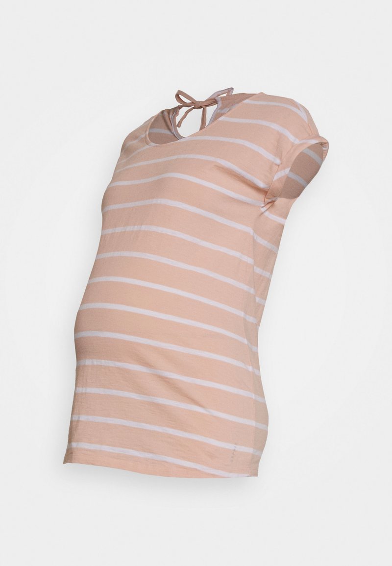 T-shirt de maternidade em pêssego claro com riscas brancas horizontais, mangas curtas e um detalhe de laço no pescoço; tecido macio e elástico.