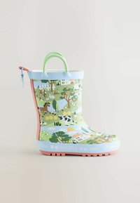 Zaļi bērnu lietus zābaki ar lauku dzīvnieku ilustrācijām, zilām un rozā detaļām, paceltas zoles tekstūru un divām rokturu cilpām ērtai uzvelšanai.