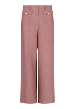 Hoge taille, wijde mauve broek met voorzakken met kleppen die met knopen zijn vastgemaakt en riemlussen, gemaakt van textuurstof.