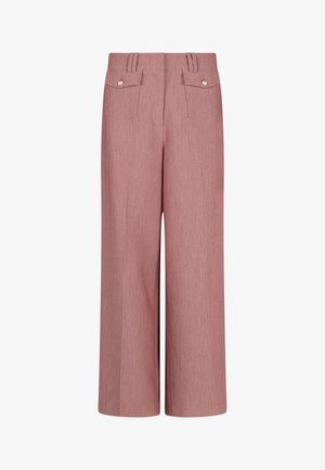 High-waisted, wide-leg mauve pants with front flap pockets secured by buttons and belt loops, made from textured fabric.