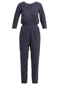 Granatowy kombinezon z długim rękawem, z elastycznym paskiem w pasie i okrągłym dekoltem, zapinany z tyłu na zamek.