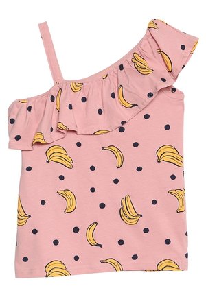 Różowy top bez rękawów z jedną ramiączkiem na ramię, ozdobnym dekoltem z falbanką oraz wzorem żółtych bananów i czarnych kropek.