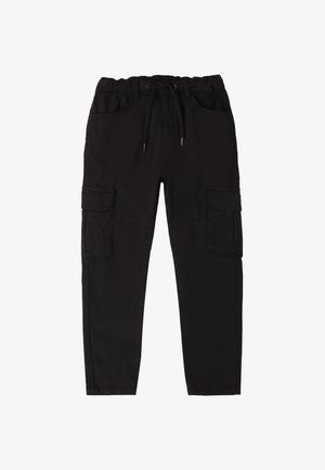Pantalons cargo noirs en coton durable. Dotés d'une taille élastique, d'un cordon de serrage, de deux poches cargo latérales et d'une coupe décontractée.