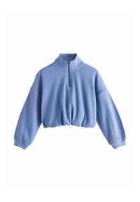 Pullover croppato azzurro chiaro con colletto alto, mezza cerniera e texture a coste. Presenta maniche larghe e rilassate e un orlo elasticizzato.