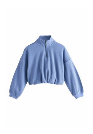 Light blue cropped pullover with a high collar, half zipper, and ribbed texture. Features wide, relaxed sleeves and elastic hem.