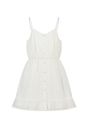 Witte mouwloze zomerse jurk met dunne bandjes, knoopsluiting aan de voorkant, kanten details, elastische taille en gerimpelde zoom.