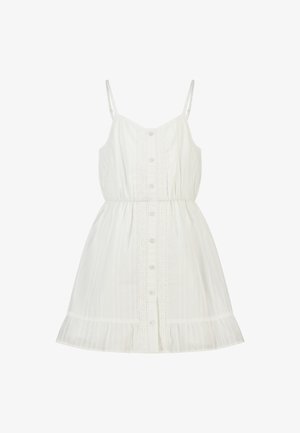 Robe d'été blanche sans manches avec fines bretelles, patte de boutonnage devant, détails en dentelle, taille élastique et ourlet à volants.