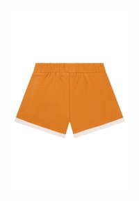 Shorts en coton orange avec un ourlet blanc, dotés d'une taille élastique et d'un design simple, adaptés pour une tenue décontractée.