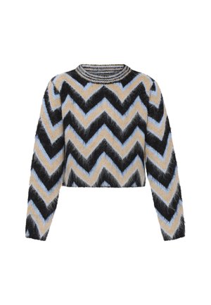 Virkkauspaita, jossa on lyhyt malli ja jossa on chevron-kuvio mustassa, beigeessä ja vaaleansinisessä. Pehmeä, teksturoitu kangas, pitkät hihat.