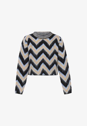 Háčkovaná svetr s krátkým střihem, s chevronovým vzorem v černé, béžové a světle modré barvě. Měkká, strukturovaná tkanina, dlouhé rukávy.