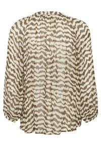 Blouse transparente beige avec un motif abstrait marron. Présente des fronces au dos et des manches longues avec des poignets élastiqués.