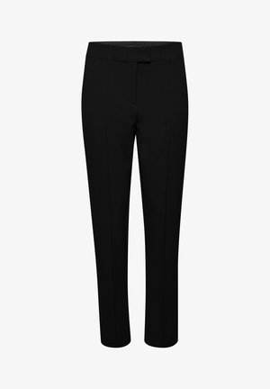 Black tailored trousers made of smooth fabric, featuring straight legs, belt loops, and side pockets, with a simple, clean design.
