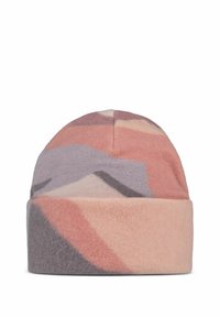 Gorro de punto de lana suave con patrones abstractos multicolores en rosa, malva y gris. Presenta un puño doblado y una textura suave.