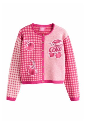 Rosa-weiß kariertes Strickjacke mit Holzknöpfen, mit bestickten Kirschen und "cherry Coke" Logo auf der Vorderseite.