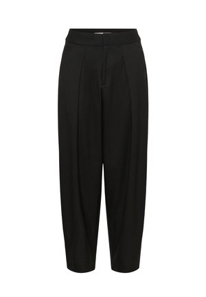 Melni, pievilkti bikses ar plisētu detaļu, izgatavotas no gludas auduma. Iespējams elastīgs jostasvīrs un potītes garuma dizains.