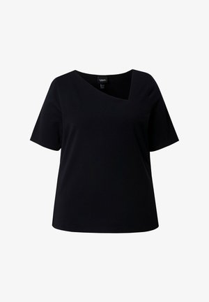 Czarna damska bluzka z krótkim rękawem, z asymetrycznym kwadratowym dekoltem i luźnym krojem.