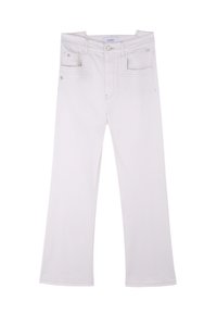 Jeans en denim blanc évasés à taille haute, avec deux poches avant, une broderie d'étoiles discrète et des détails de couture contrastés.