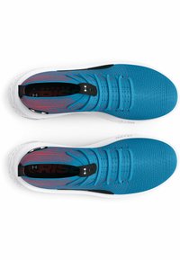 Lichte sportieve schoenen met een blauwe gebreide bovenkant en rode accenten, een instapontwerp en een witte rubberen buitenzool. Geholpen oppervlak overal.