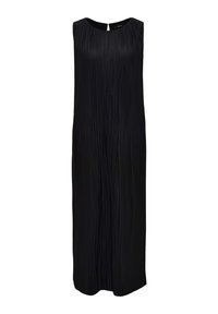 Black sleeveless dress with vertical pleats, round neckline, and keyhole back detail. Floor-length, made from smooth fabric.