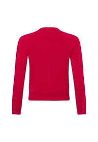 Roter gestrickter Pullover mit langen Ärmeln und Rundhalsausschnitt. Verfügt über eine glatte Textur und einen taillierten Saum, der einfarbig gestaltet ist.