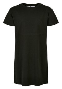Czarna bawełniana sukienka t-shirtowa z krótkimi rękawami, okrągłym dekoltem i luźnym krojem. Posiada szew w talii oraz prosty dół.