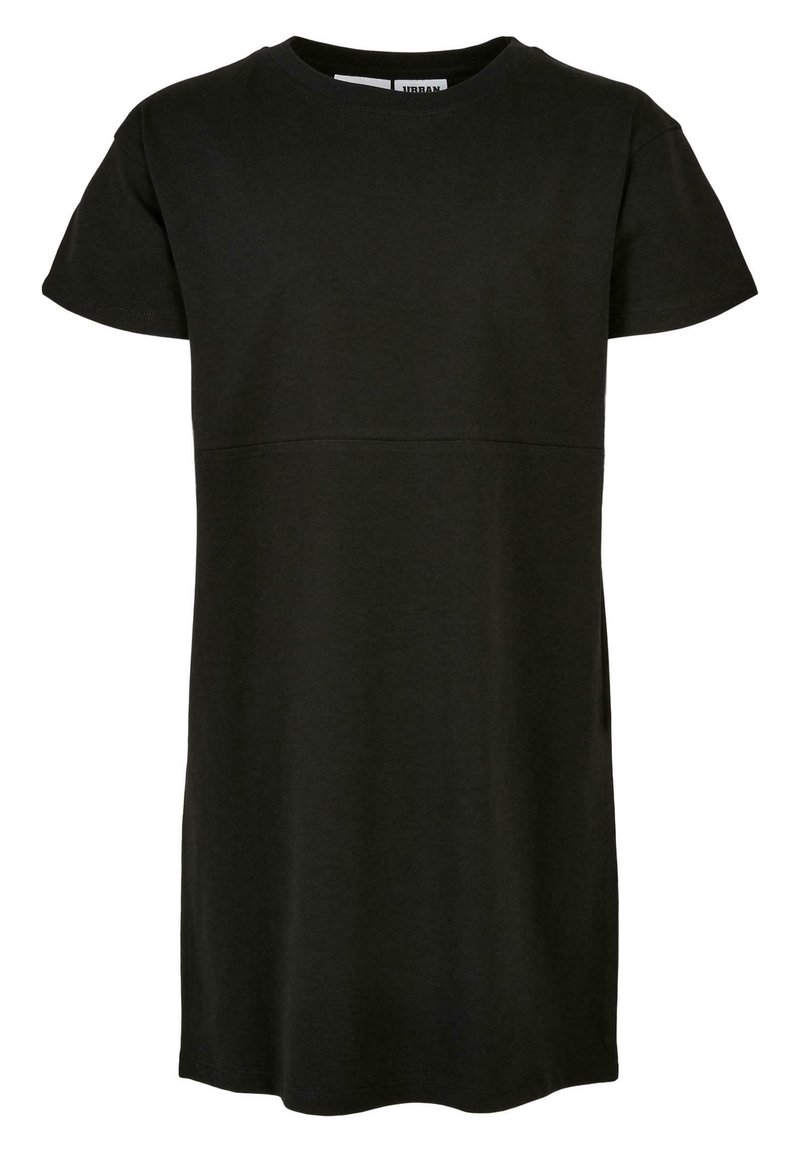 Czarna bawełniana sukienka t-shirtowa z krótkimi rękawami, okrągłym dekoltem i luźnym krojem. Posiada szew w talii oraz prosty dół.