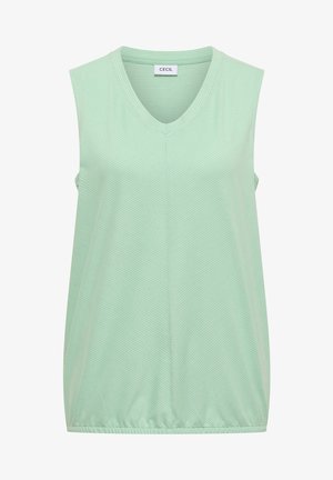 Haut sans manches vert clair avec une texture subtile à rayures diagonales et col en V, ourlet élastique et étiquette de marque à l'intérieur du col.