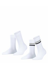 Vier Paare weiße Socken mit unterschiedlicher Höhe. Zwei Paare haben gerippte Bündchen; eines hat graue und schwarze Streifen. Aus weichem Baumwollmaterial.