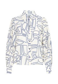 Camicia bianca a maniche lunghe con motivi a linee astratte blu. Presenta un colletto a punta e chiusura con bottoni sul davanti. Tessuto morbido.
