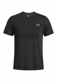 Camiseta atlética negra de manga corta de Under Armour con cuello redondo y logotipo en el pecho y las mangas, con tejido de malla transpirable.