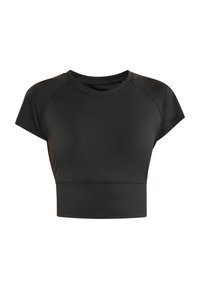 Sort crop top lavet af strækbart stof med rund halsudskæring og korte raglanærmer. Har et tætsiddende design og en glat tekstur.