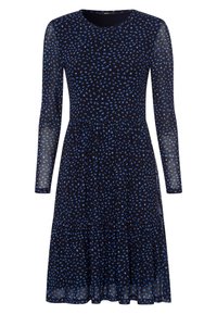 Robe à manches longues de couleur marine avec un motif bleu moucheté, col rond et jupe froncée. Fabriquée en tissu léger avec une finition texturée.