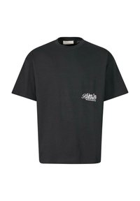 Černé bavlněné tričko s kulatým výstřihem, krátkými rukávy a bílou grafikou "Žij v rovnováze" na levé části hrudi. Jednoduchý design.