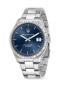 Maserati silver stainless steel watch with a blue dial. Features a textured bezel, date display, and water resistance up to 100 meters.