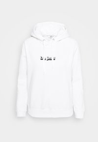 Sudadera blanca con capucha de corte relajado, que presenta un logo negro de "Lee Jeans" centrado en el frente, cordón ajustable y puños acanalados.