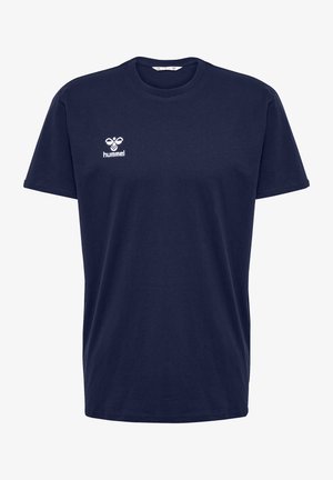 Navyblaue Baumwoll-T-Shirt mit Rundhalsausschnitt und kurzen Ärmeln. Verfügt über ein weiß gesticktes Logo auf der linken Brustseite.