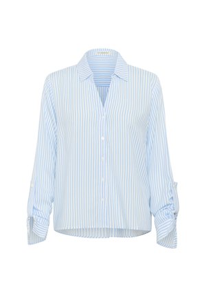 Blauw-wit gestreept overhemd met knoopsluiting, kraag, lange mouwen en opgerolde manchetten. Gemaakt van lichtgewicht stof en heeft een relaxte pasvorm.