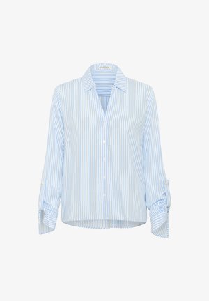 Modrá a biela pruhovaná košeľa s gombíkmi, s golierom, dlhými rukávmi a zvinutými manžetami. Vyrobená z ľahkého materiálu, má uvoľnený strih.