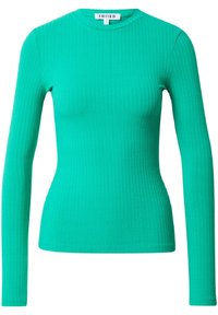 Maglia a maniche lunghe a costine in teal brillante, con collo rotondo e silhouette aderente. Texture morbida con righe verticali.