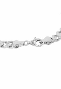 Bracciale in metallo argento con forme dei link alternate, dotato di chiusura a gabbiano e finitura lucida, progettato per un'indossamento sicuro.