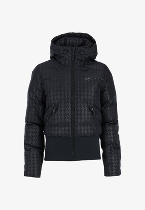 Crna jakna s podstavom i kapuljačom, s uzorkom houndstooth, prednjim zatvaračem i dva bočna džepa s patentnim zatvaračem.