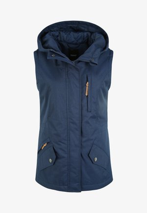 Mornarji modra brezrokavna jakna s kapuco, ki ima zadrgo, dve sprednji žepu in prsni žep s svetlo rjavimi kovinskimi deli ter prešito podlogo.