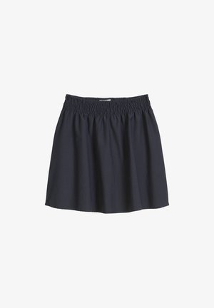 Marineblaue Röcke aus leichtem Stoff. Mit einem gerafften Bund und einem ausgestellten Design, das bis zu den Knien reicht und keine sichtbaren Muster aufweist.