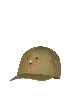 Children's olive green baseball cap with a sleepy lion face featuring an orange mane on the front panel.