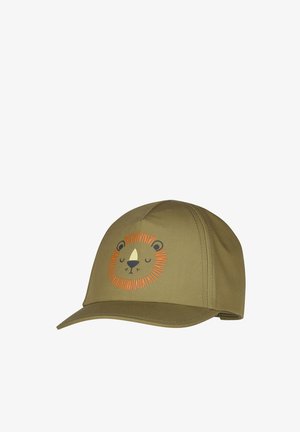 Children's olive green baseball cap with a sleepy lion face featuring an orange mane on the front panel.