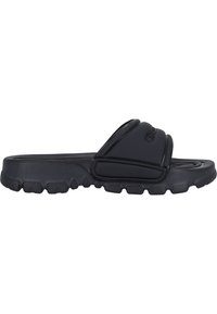 Black slide sandal with a padded strap and textured sole. Made from synthetic material featuring a smooth finish and a rounded shape.