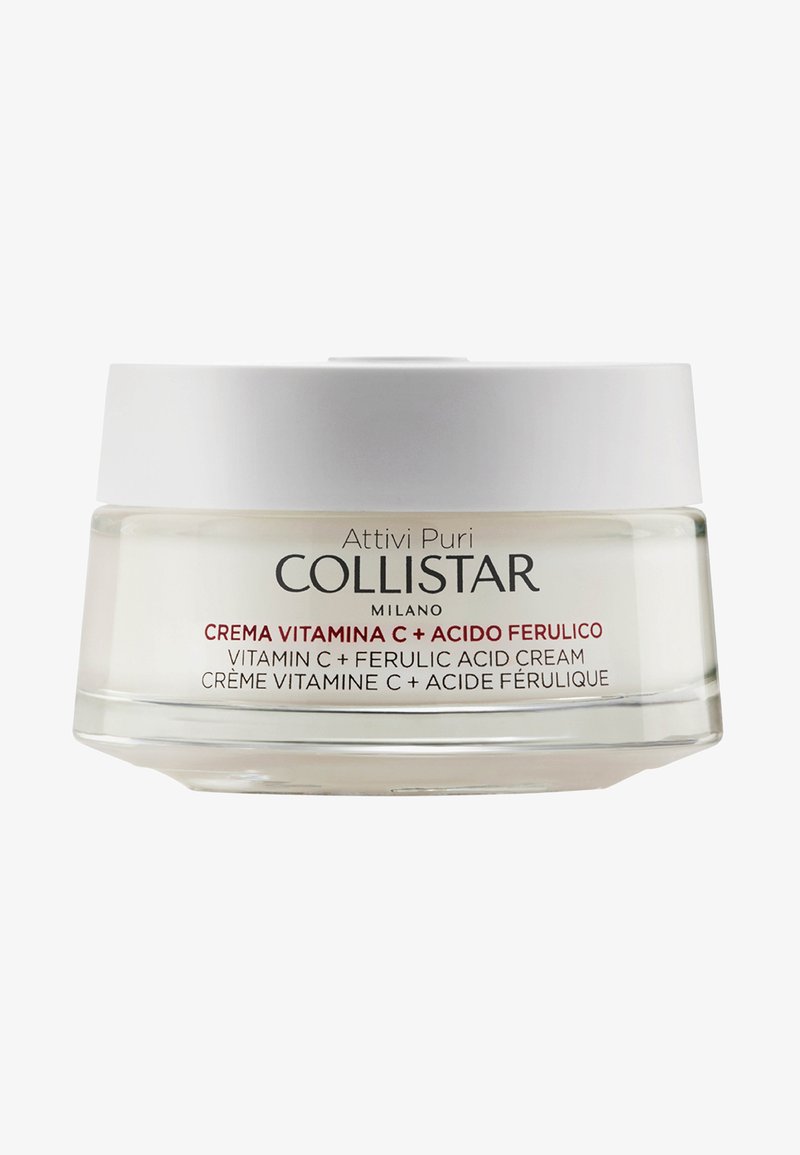 Collistar Vitamin C og Ferulinsyre creme i en rund glasskrukke med et hvidt låg. Etiketten indeholder tekst på flere sprog.