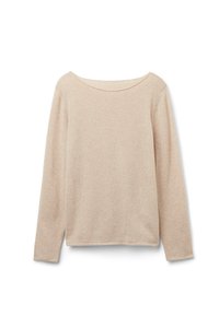Beige långärmad tröja med vid halsringning. Mjukt, texturerat tyg med lös passform. Sömdetaljer längs fållen och ärmsluten.