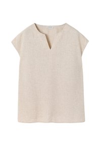 Top beige a maniche corte con scollatura a V, realizzato in tessuto testurizzato, presenta una vestibilità ampia e un design pulito e semplice senza decorazioni.