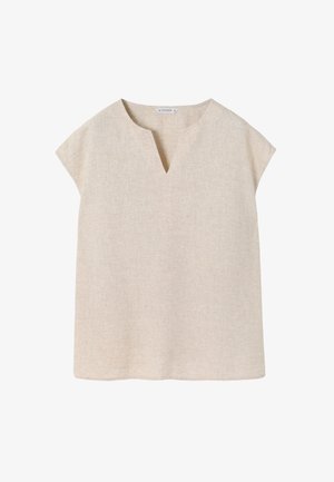 Top beige de manga corta con escote en V, hecho de una tela texturizada, con un corte holgado y un diseño limpio y simple sin adornos.